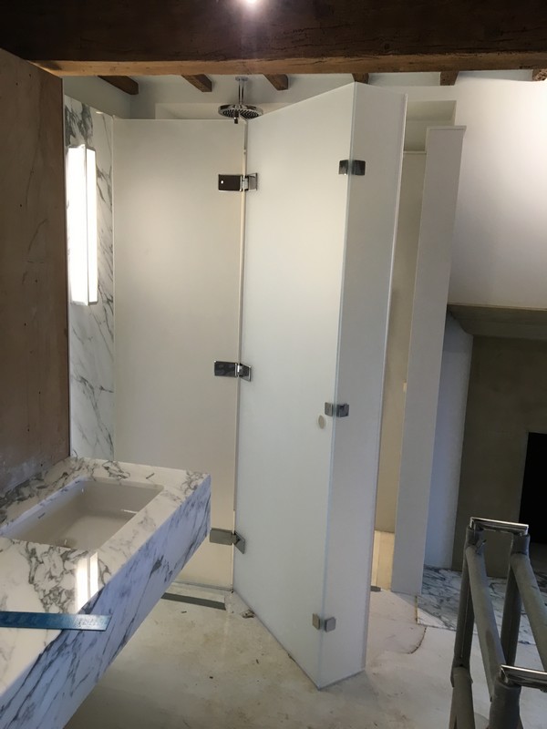 Bespoke frosted glass shower enclosure in Witney luxury bathroom